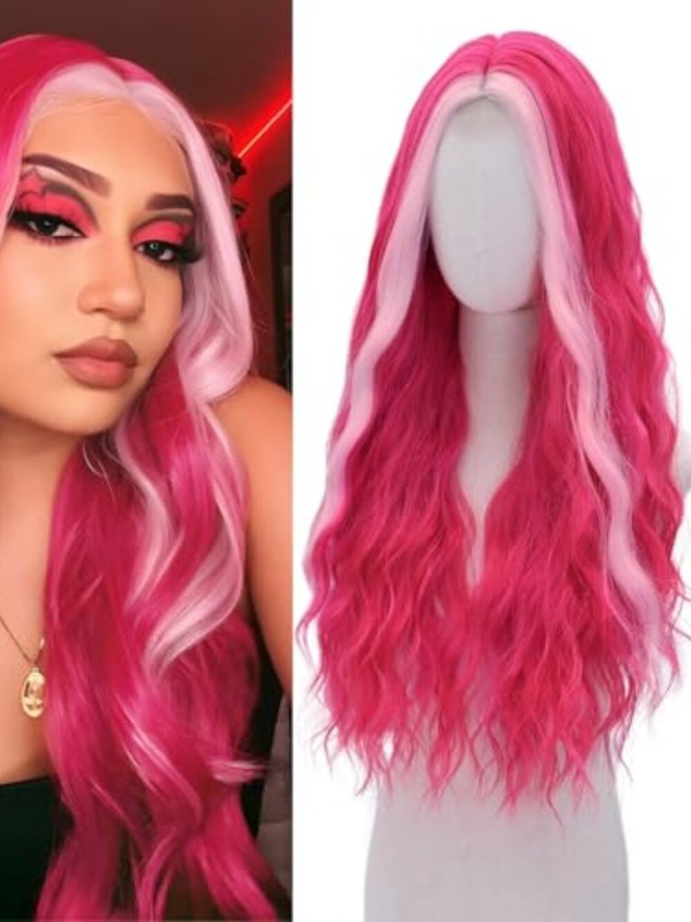 Hot Pink Wig-Long pink Wigs for Women Natural Wavy‎ Synthetic Wig Heat Resistant
